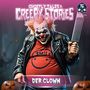 Text oben: "Ghostly Tales & Creepy Stories", unten: "Der Clown". Ein gruseliger Clown mit Messer und Lederjacke.