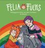„Felia Fuchs: Alltagsgeschichten aus dem Fuchsbau – Zu Besuch.“ Kind in Fuchskostüm und Person schmusen mit Hund vor Regenbogen.