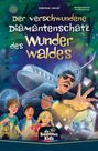 Titel: „Der verschwundene Diamantenschatz des Wunderwaldes“. Drei Kinder und ein Mann mit Taschenlampe im Wald.