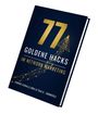 "77 Goldene Hacks im Network Marketing" in großen gelben Buchstaben, darunter Autorennamen. Buchcover in dunkelblau mit goldenen Linien.