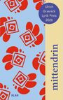 „Ulrich Grasnick Lyrik Preis 2026“ in einem blauen Kreis. "mittendrin" steht vertikal auf beigem Hintergrund. Rote Muster auf hellblau.