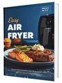 "Easy AIR FRYER" Logo oben rechts. Teller mit Lachs und Steak, Heißluftfritteuse im Hintergrund.
