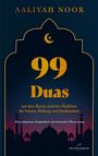 "99 Duas aus dem Koran und den Hadithen..." in goldener Schrift vor Nachthimmel, Silhouette von Moscheen im Vordergrund.