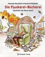 Die Flunkerei-Bücherei. Zwei Personen lesen sitzend, umgeben von fliegenden Büchern, neben einem überfüllten Auto.