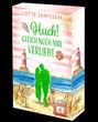 Buchtitel: "Huch! Gleich noch mal verliebt". Illustration: Strand mit Leuchttürmen, Paar, Hund und Herz mit "Sylter Liebesrausch".