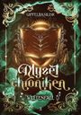 Text: "GIPFELBASILISK", "Myzelchroniken", "WELTENFALL", "3". Ein kunstvoll verziertes Buch, umgeben von grünen Rauchschwaden.