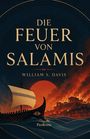 "Die Feuer von Salamis" und "William S. Davis" in großen Buchstaben, darunter ein historisches Schiff vor brennender Stadt.