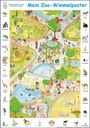 Titel: "Mein Zoo-Wimmelposter". Tiere: Alligator, Berggorilla, Chamäleon, Delfin, und mehr. Bunte Zoo-Szene mit Besuchern.
