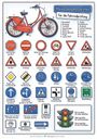 Verkehrszeichen und Fahrradteile: Oben ein rotes Fahrrad mit beschrifteten Teilen; darunter verschiedene Verkehrszeichen.