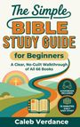 „The Simple Bible Study Guide for Beginners“ in grüner und orangefarbener Schrift; zeigt Regenbogen, Kreuz, offenes Buch.