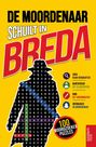 Titel: De Moordenaar Schuilt in Breda. Silhouette eines Detektivs mit Wörtersuchrätsel und Symbolen für Hinweise.