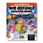 "WO GEFÜHLE SCHLAFEN GEHEN" zeigt Kinder im Schlafanzug, die mit Kuscheltieren auf Matratzen liegen, unter Lichterketten.