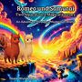 Titel: "Romeo und Samurai: Two Alpacas on a Magical Journey". Zwei Alpakas und ein Waschbär stehen vor einer bunten Landschaft mit Regenbogen und Wasserfällen.