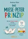 "Buchtitel: Das Miese Peter Prinzip von Andrea Klein. Papierboot auf Wasser, Miesometer mit Skala von 1-10, farbiges Design."