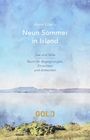 "Neun Sommer in Island", "See und Stille", "Raum für Begegnungen, Einsichten und Antworten". Aquarell eines Sees mit Bergen.