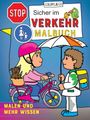 "Sicher im Verkehr Malbuch. Malen und mehr wissen." Ein Kind auf einem Fahrrad mit Hund im Korb und ein anderes Kind mit Regenschirm.