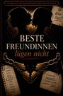 Interaktives Murder-Mystery-Rätselbuch: Beste Freundinnen lügen nicht. Silhouetten zweier Frauen, zerrissenes Herz, Ketten.