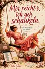 "Mir reicht's, ich geh schaukeln." Eine Frau in einem pinken Kleid schaukelt lächelnd, umgeben von Blumen und Entspannung.