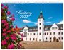 Text: "Freiberg 2027". Weißes historisches Gebäude mit Turm und Uhr, blauer Himmel, pinke Blumen im Vordergrund.