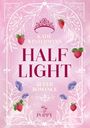 „Katie Wintermann, Half Light, Queer Romance. Poppy.“ Rosa Hintergrund mit Krone, Erdbeeren und blauen Blumen.