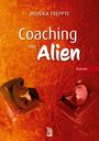 "MONIKA TREPPTE Coaching mit Alien Roman." Zwei Personen sitzen sich auf roten Sesseln gegenüber.