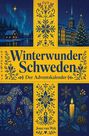 "Winterwunder Schweden: Der Adventskalender. Jona van Wyk." Gelbe und blaue Illustrationen mit Wintermotiven.