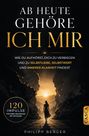 "AB HEUTE GEHÖRE ICH MIR" in großen Buchstaben vor einem Sonnenaufgang, Frau zwischen zwei Felsen.