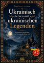 Text: Ukrainisch lernen mit ukrainischen Legenden. Illustration: Nachtlandschaft, Mondschein über Fluss und Dorf.