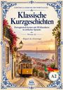 Klassische Kurzgeschichten, Portugiesisch lernen, Niveau A2. Illustration: Gelbe Straßenbahn in sonniger Stadt mit Brücke.