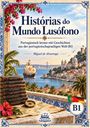 "Histórias do Mundo Lusófono" in blauer Schrift. Darunter eine Küstenstadt mit Palmen, einem Segelschiff und Büchern.