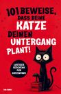 "101 Beweise, dass deine Katze deinen Untergang plant! Lustiges Geschenk für Katzenfans." Illustration: Schwarze Katze mit Knopf.