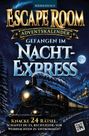 "Escape Room Adventskalender: Gefangen im Nacht-Express. Knacke 24 Rätsel." Eine dampfende Lokomotive bei Nacht.