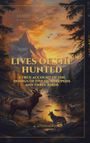 "Lives of the Hunted" von Ernest Thompson Seton. Ein Hirsch und ein Wolf an einem Fluss bei Sonnenuntergang, Berge im Hintergrund.