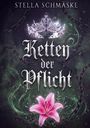 „Ketten der Pflicht“ in gotischer Schrift, darüber Krone, darunter rosa Lilie, dunkle Ketten im Hintergrund.