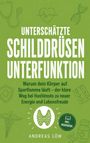 "Unterschätzte Schilddrüsenunterfunktion" ist groß geschrieben. Illustrationen von Stethoskop, Herz, DNA und Medizin.