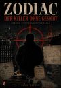 ZODIAC: DER KILLER OHNE GESICHT. Illustration eines Mannes, mysteriöse Symbole, Golden Gate Bridge im Hintergrund.