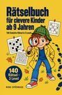 "Rätselbuch für clevere Kinder ab 9 Jahren." Ein Kind mit Lupe und Detektivhut, umgeben von Rätseln.