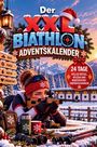 "Der XXL Biathlon Adventskalender. 24 Tage voller Rätsel, Wissen und Wintersport-Überraschungen. Skifahrerin zielt im Schnee."