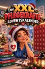 "Der XXL Pflegekräfte-Adventskalender" steht oben. Eine fröhliche, gezeichnete Krankenschwester mit Weihnachtsmütze hält eine Tasse.