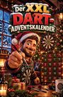 „Der XXL Dart-Adventskalender“ ist oben zu lesen. Ein fröhlicher Mann in Weihnachtskleidung hält einen Dart vor einem Kalender.
