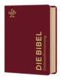 Text: "DIE BIBEL. Einheitsübersetzung". Ein schlichtes, rotes Buch mit einem goldenen Pflanzenlogo.