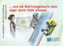 Illustration mit Text: "... und die Elektroingenieurin kann sogar durch Stahl schauen". Links Frau vor Bildschirm, rechts Maschinen.