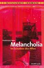 "Melancholia - Im Schatten des Affen" von Friedemann Hahn. Rotes, collageartiges Design mit Brückensilhouette.