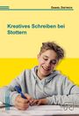 „Kreatives Schreiben bei Stottern“ von Daniel Dietrich. Ein lächelnder Junge in grauem Hoodie schreibt mit blauem Stift.