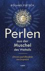 Text: "Perlen aus der Muschel des Weltalls" auf funkelndem, blauem Hintergrund mit stilisiertem Sonnengesicht.