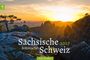 "Sächsische 2027 Böhmische Schweiz" steht auf einer Landschaft mit Felsen und Sonnenuntergang. Links ein grünes Logo.
