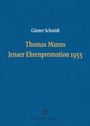 Der Text lautet: "Günter Schmidt, Thomas Manns Jenaer Ehrenpromotion 1955". Blauer Hintergrund, schlichtes Design.