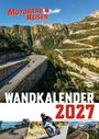 MOTORRAD & REISEN, WANDKALENDER 2027. Serpentinenstraße in Bergen, Motorräder, klares Wetter und grüne Landschaft.
