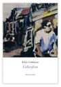 Text: Klára Goldstein, "Falkenfrau", Edition Rugerup. Illustration: Eine Person in einem skizzenhaften, urbanen Straßenbild.