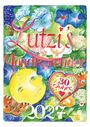 „Lutzi's Mondkalender 2027“, blauer Schmetterling, Mondgesicht, bunte Blumen, Herz mit „30 Jahre“, bunte Schmetterlinge.